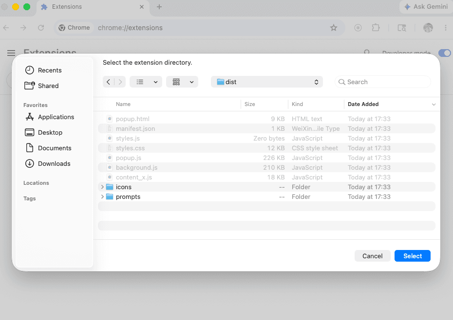 Load unpacked dialog
